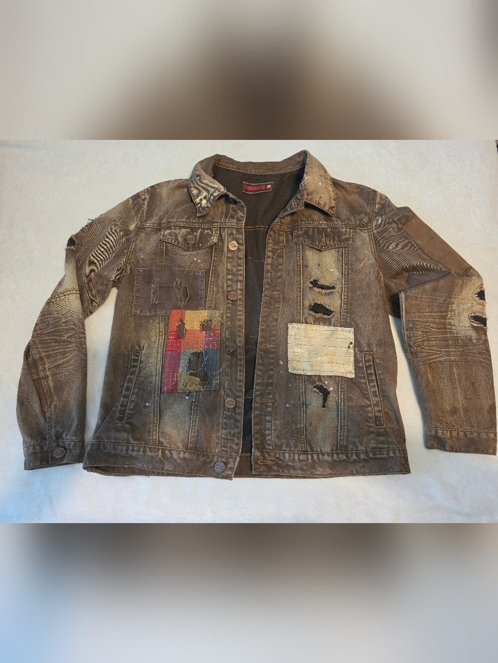 Grindhouse Distressed Brown Patchwork Denim Jacket